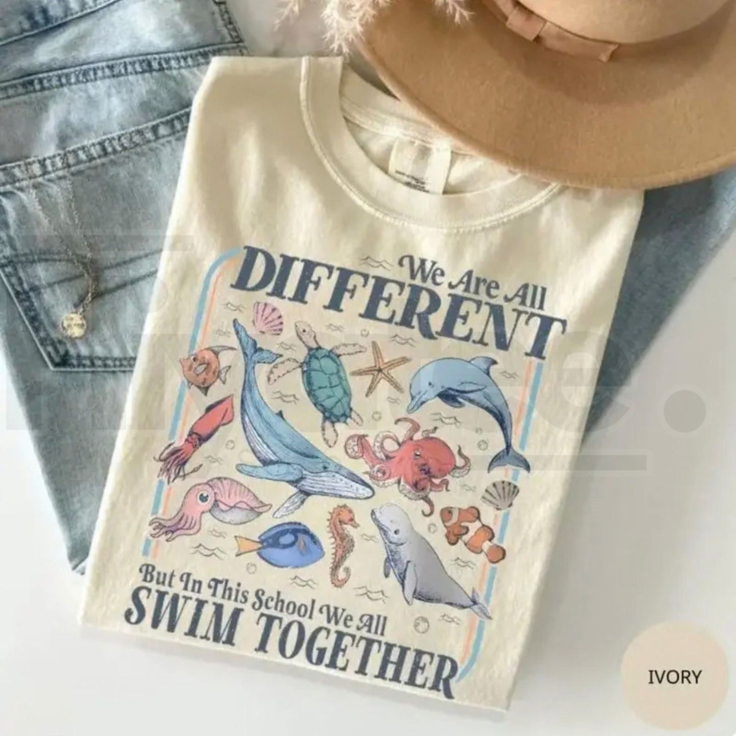 Comfort Colors® We Are All Different But Swim Together Teacher T-Shirt – Inclusive Ocean Animals Graphic Tee, Back To School Educator Gift