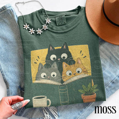 Retro Curious Reading Cats Graphic Tee Comfort Colors Book Lover Shirt