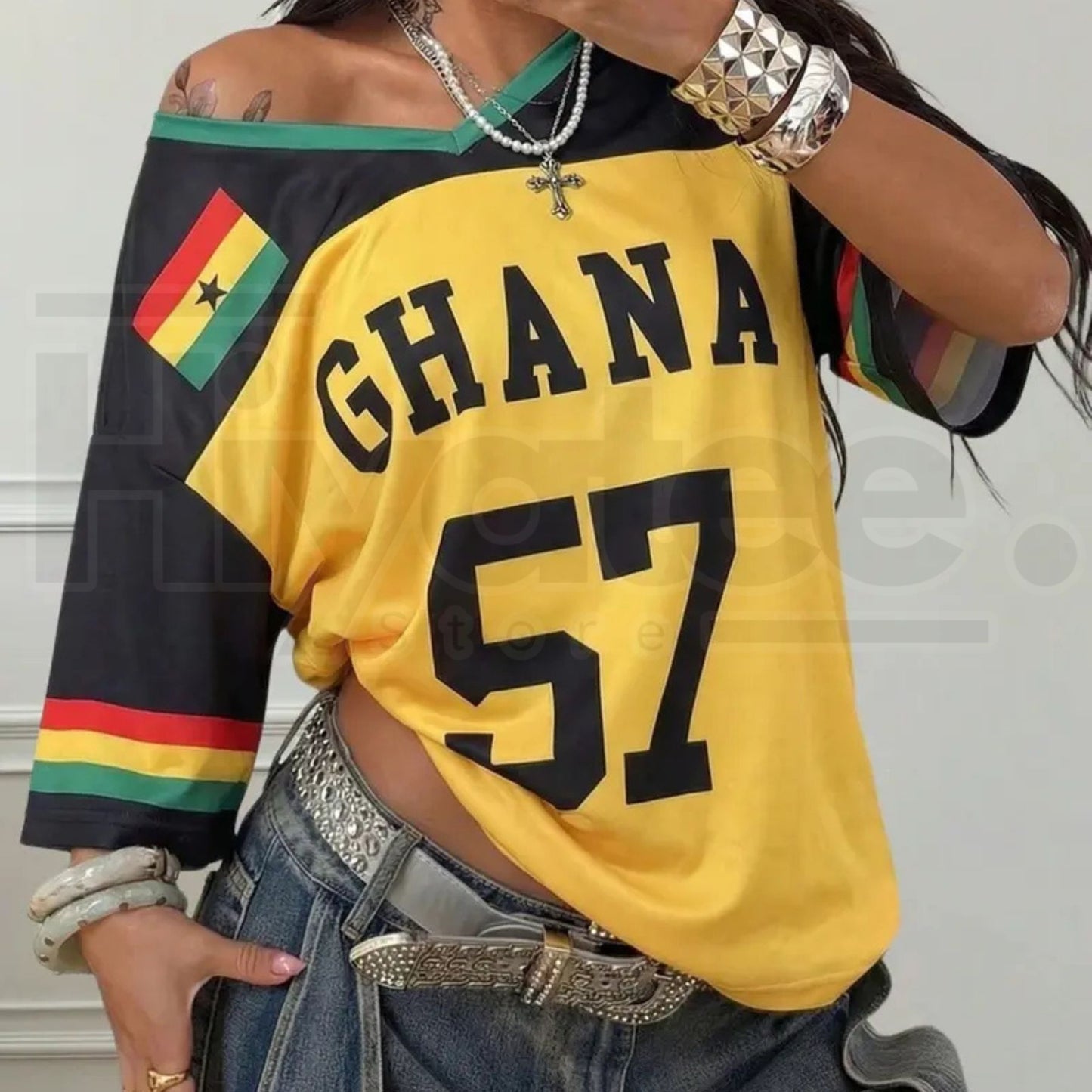 Ghana 57 Colorblock Mesh T-Shirt – Y2K Retro V-Neck Sporty Streetwear