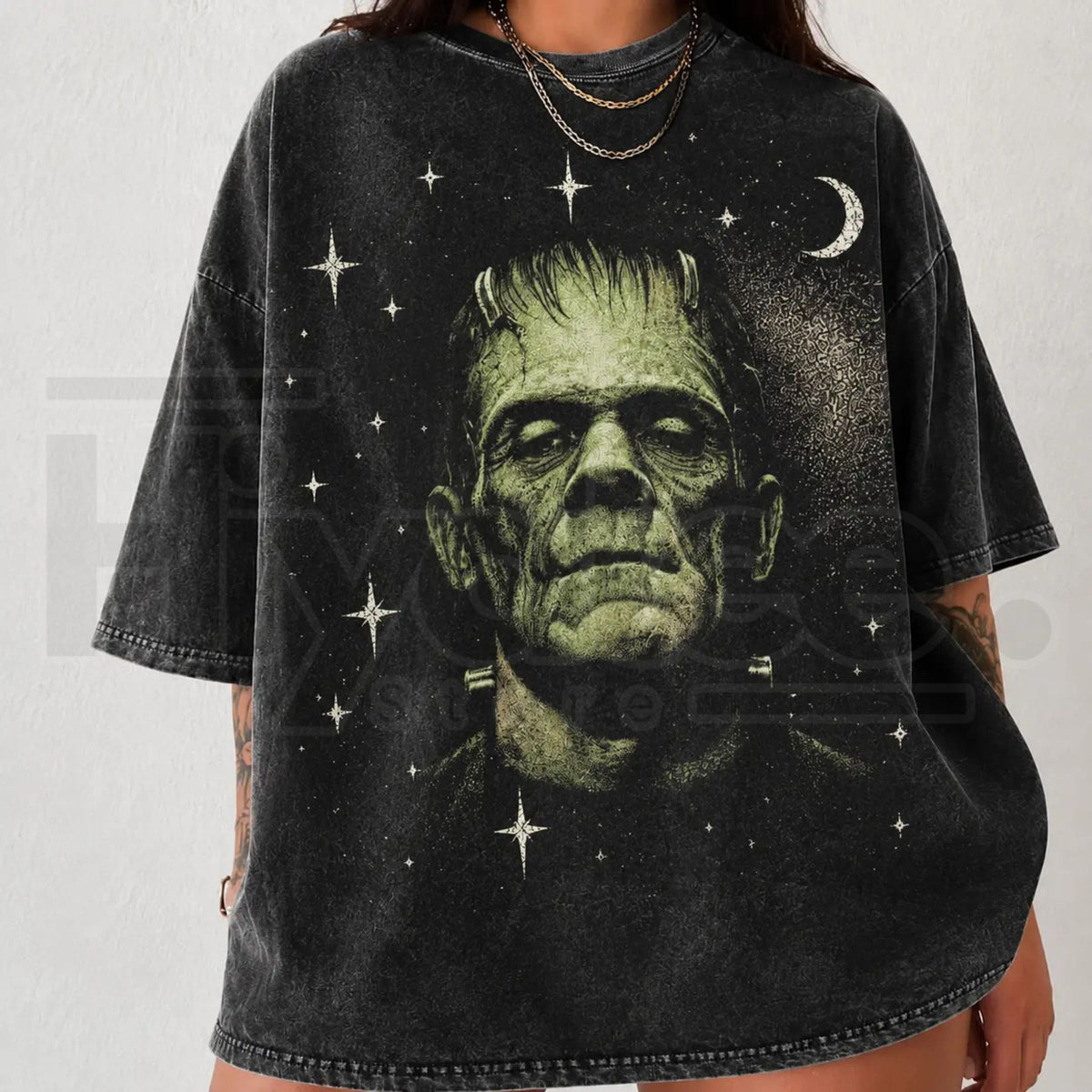 Retro Spooky Celestial Frankenstein & Bride Vintage Acid-Washed T-Shirt – Halloween Oversized Celestial Couple Tee