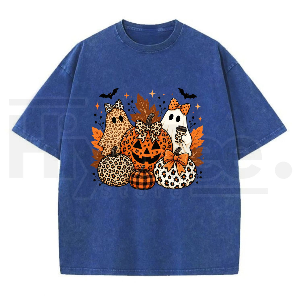 Leopard Bow Ghost Pumpkin Halloween Oversized T-Shirt – Vintage Washed Fall Graphic Tee for Women & Men