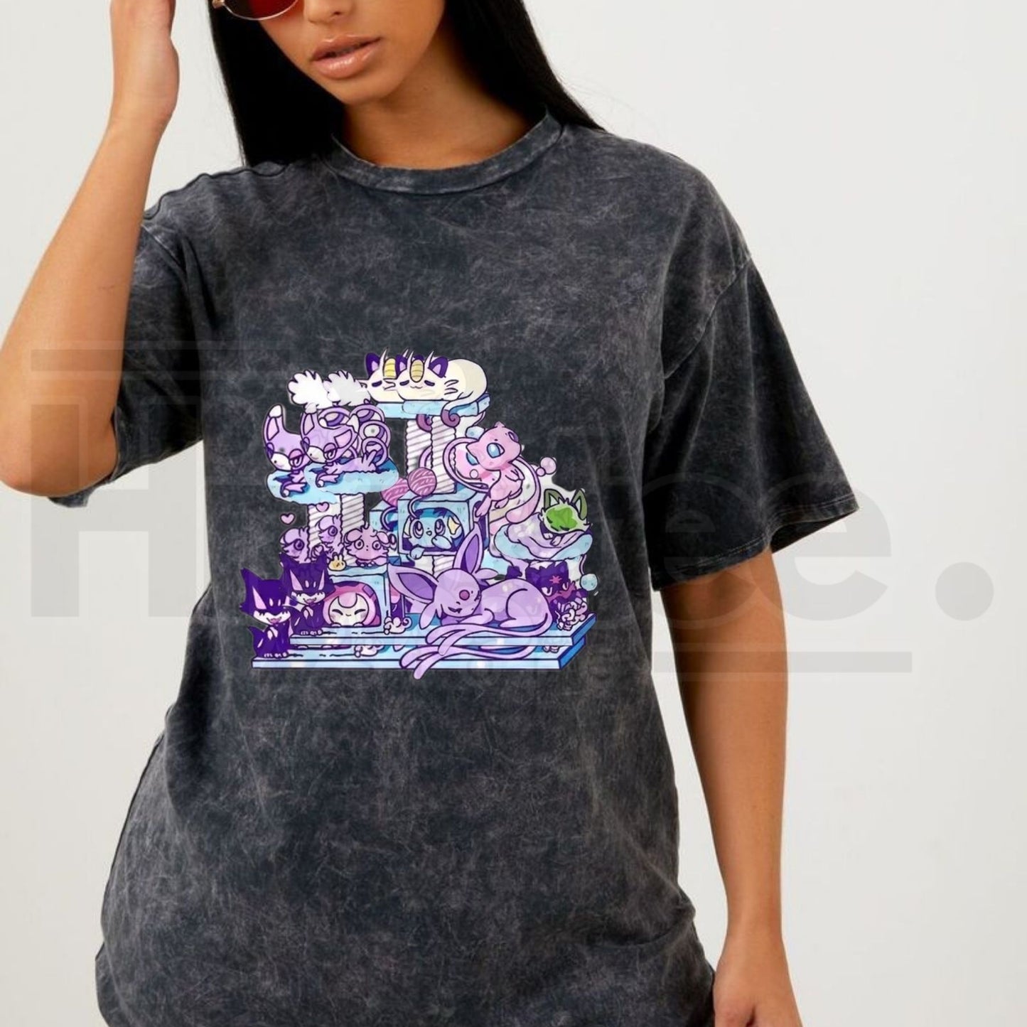 Men's Vintage Acid Wash Oversized Cat Tree Graphic Tee – Cute Anime Kitten Chibi Kawaii Cotton Top