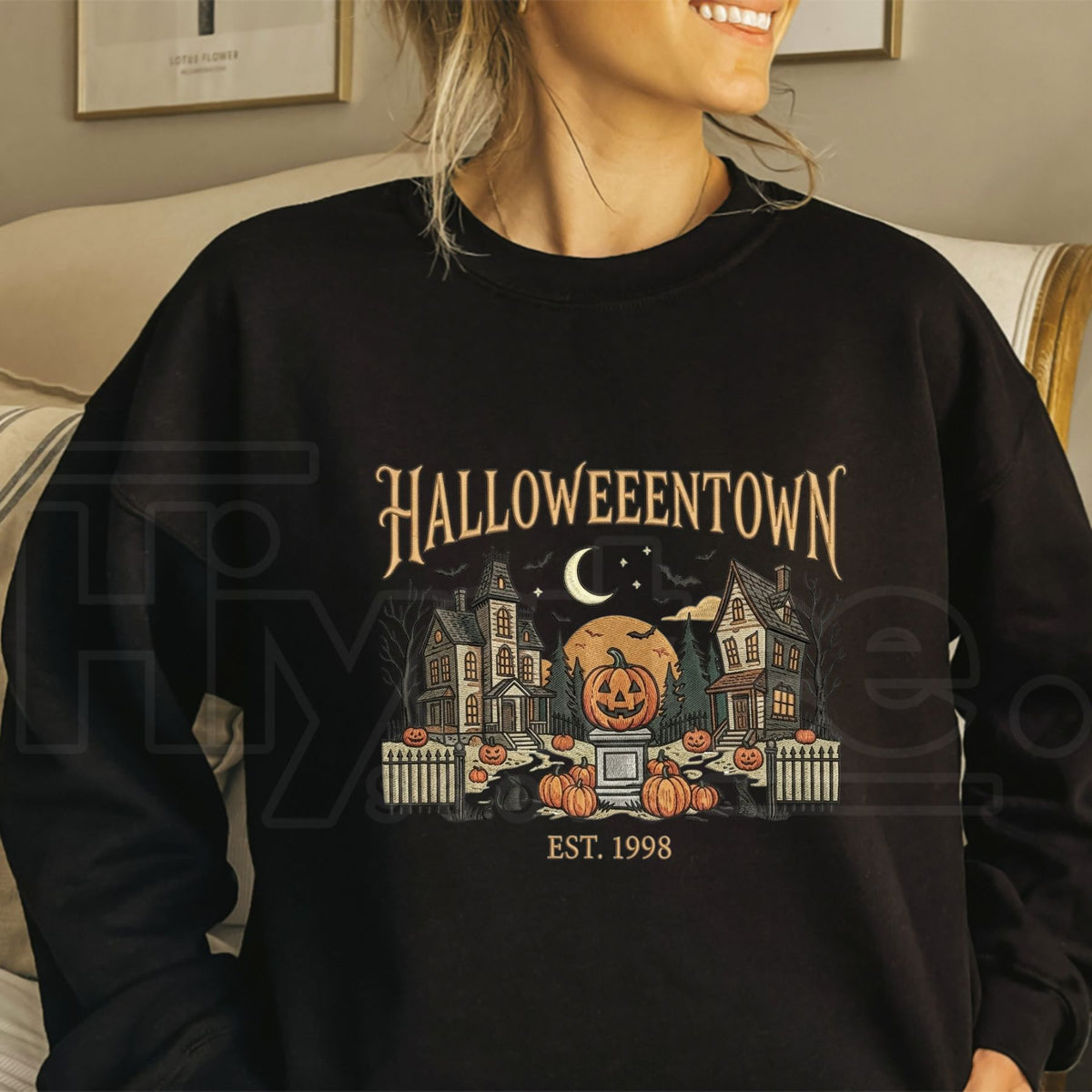 HalloweenTown Embroidered Gingham Sweatshirt – Spooky Village Haunted House Pullover