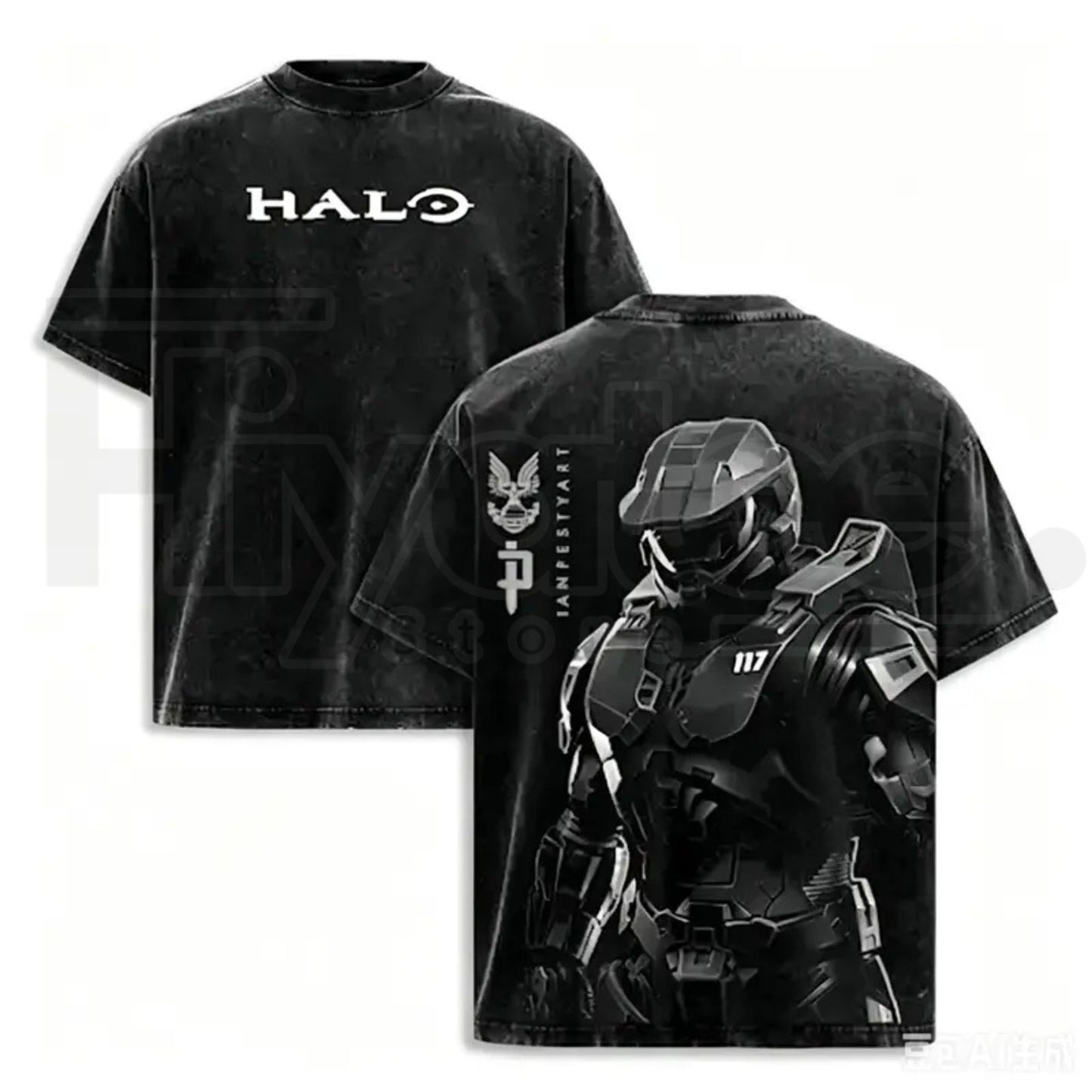 HALO Master Chief 117 Vintage T-Shirt – Acid Wash Spartan Back Print Oversized Gamer Tee