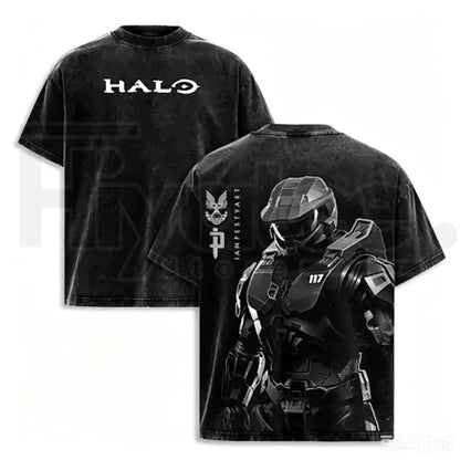 HALO Master Chief 117 Vintage T-Shirt – Acid Wash Spartan Back Print Oversized Gamer Tee