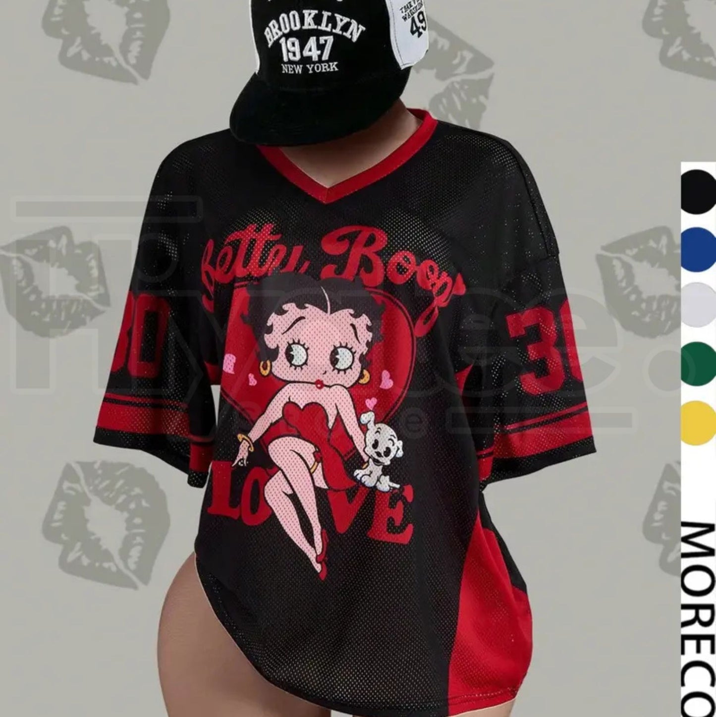 Streetwear Y2K Mesh Breathable American Vintage Doll Print V-Neck Short Sleeve T-Shirt