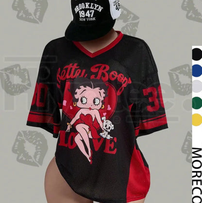 Streetwear Y2K Mesh Breathable American Vintage Doll Print V-Neck Short Sleeve T-Shirt