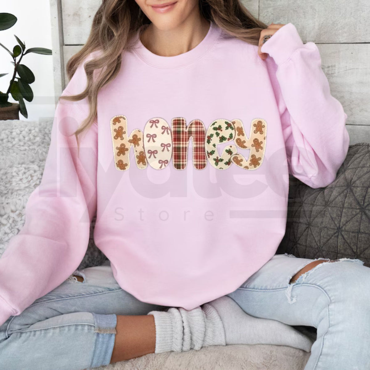 Personalized Family Name Christmas Forest Green Sweatshirt | Gingerbread Plaid Holiday Crewneck