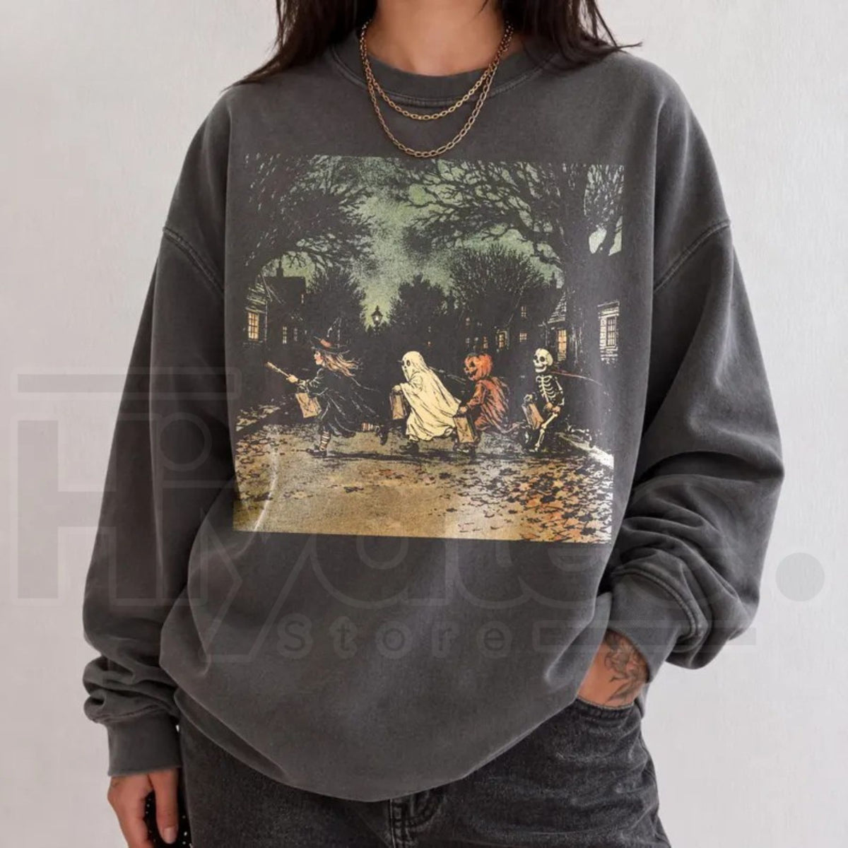 Dark Halloween Sweatshirt – Vintage Gothic Skeleton & Spooky Witch Graphic Crewneck, Ghost Pumpkin Dark Fantasy Apparel