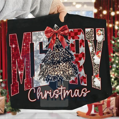 Coquette Merry Christmas Shirt: Checkered Star Leopard Letters