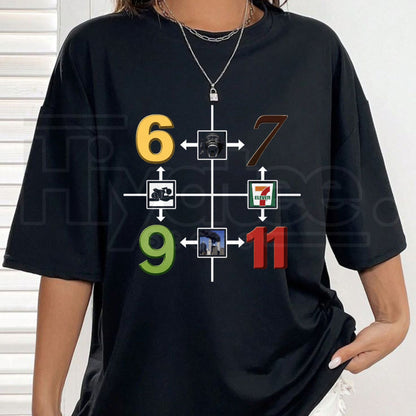69 67 9/11 7-11 Meme T-Shirt – Funny Gen Z Absurdist Humor Graphic Tee