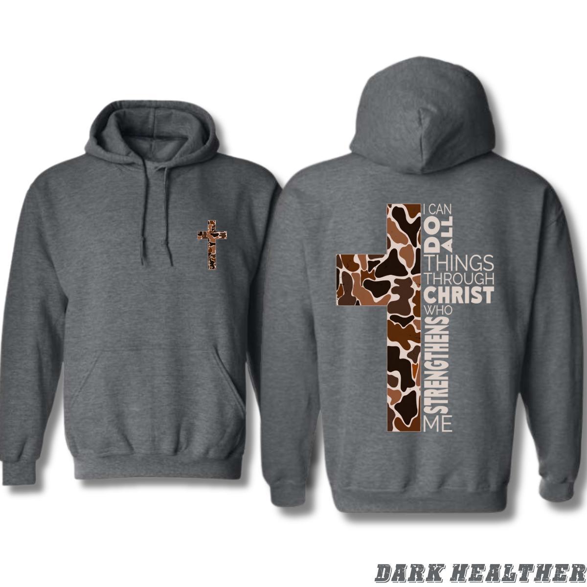 Christian Hoodie - Camo Cross Design with Philippians 413 Verse, Perfect for Faithful Believers and Outdoorsmen, Cozy Hoodie for Everyday Comfort and Spiritual Strength - Hiyatee