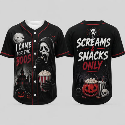 Unisex Horror Graphic Print Baseball Jersey – Slasher Theme Button-Up Shirt