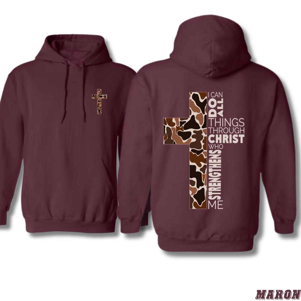 Christian Hoodie - Camo Cross Design with Philippians 413 Verse, Perfect for Faithful Believers and Outdoorsmen, Cozy Hoodie for Everyday Comfort and Spiritual Strength - Hiyatee