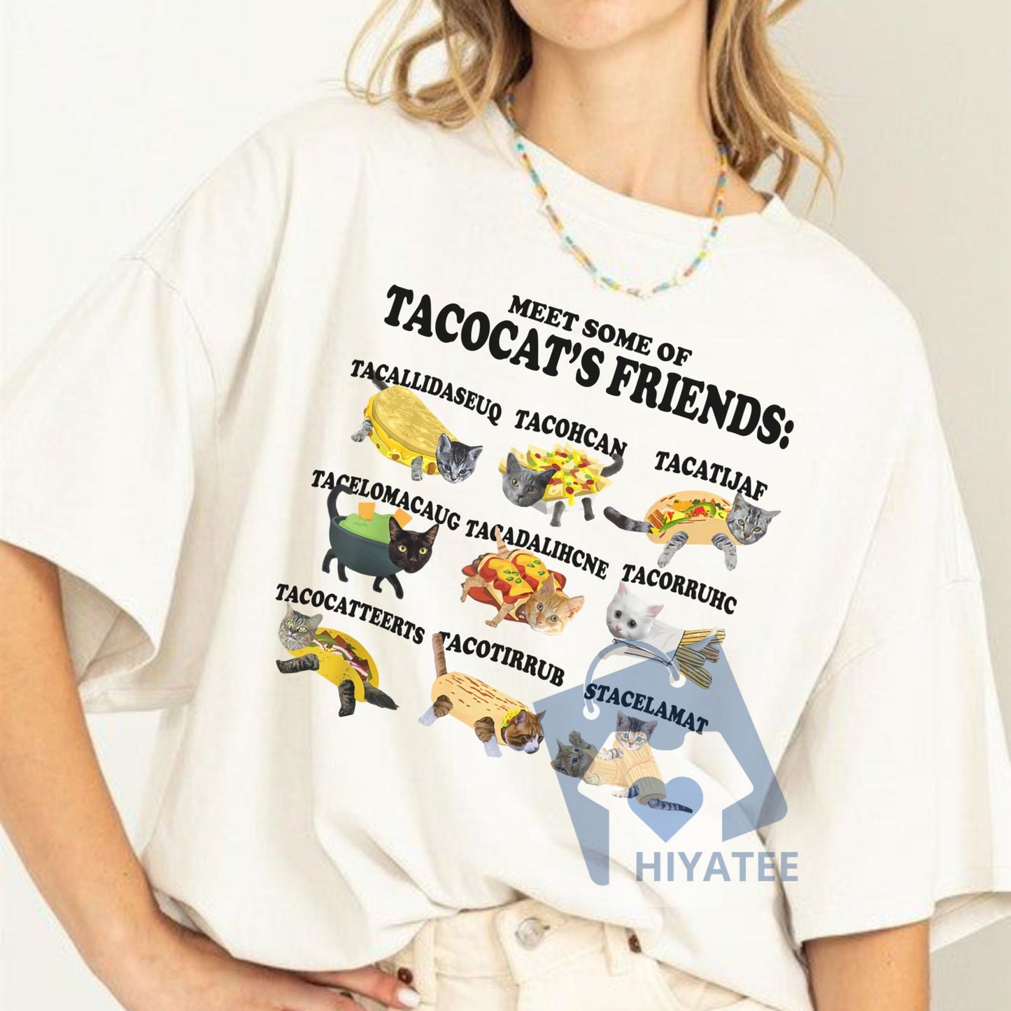 Tacocat and Friends T-Shirt – Funny Palindrome Cat Taco Tee, Cute Graphic Shirt for Food & Animal Lovers, Unisex Cotton Casual Top
