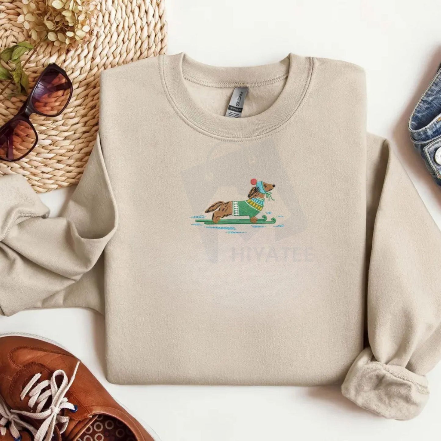 Dachshund on Skis Embroidered Sweatshirt – Funny Christmas Dog Crewneck & Winter Pullover