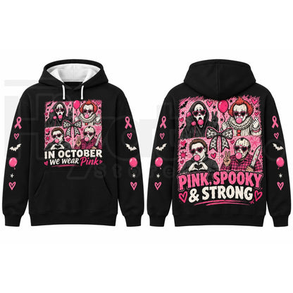 In October We Wear Pink Horror Hoodie – Spooky Movie Character Pink Ribbon Graphic Pullover, Breast Cancer Awareness Halloween
