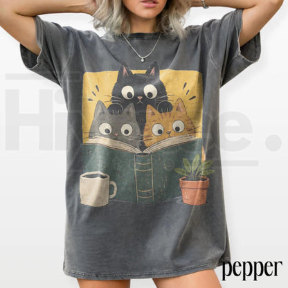 Retro Curious Reading Cats Graphic Tee Comfort Colors Book Lover Shirt