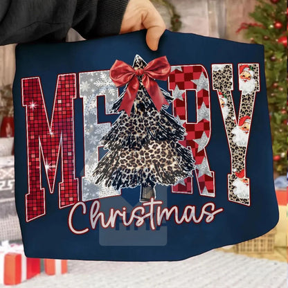 Coquette Merry Christmas Shirt: Checkered Star Leopard Letters