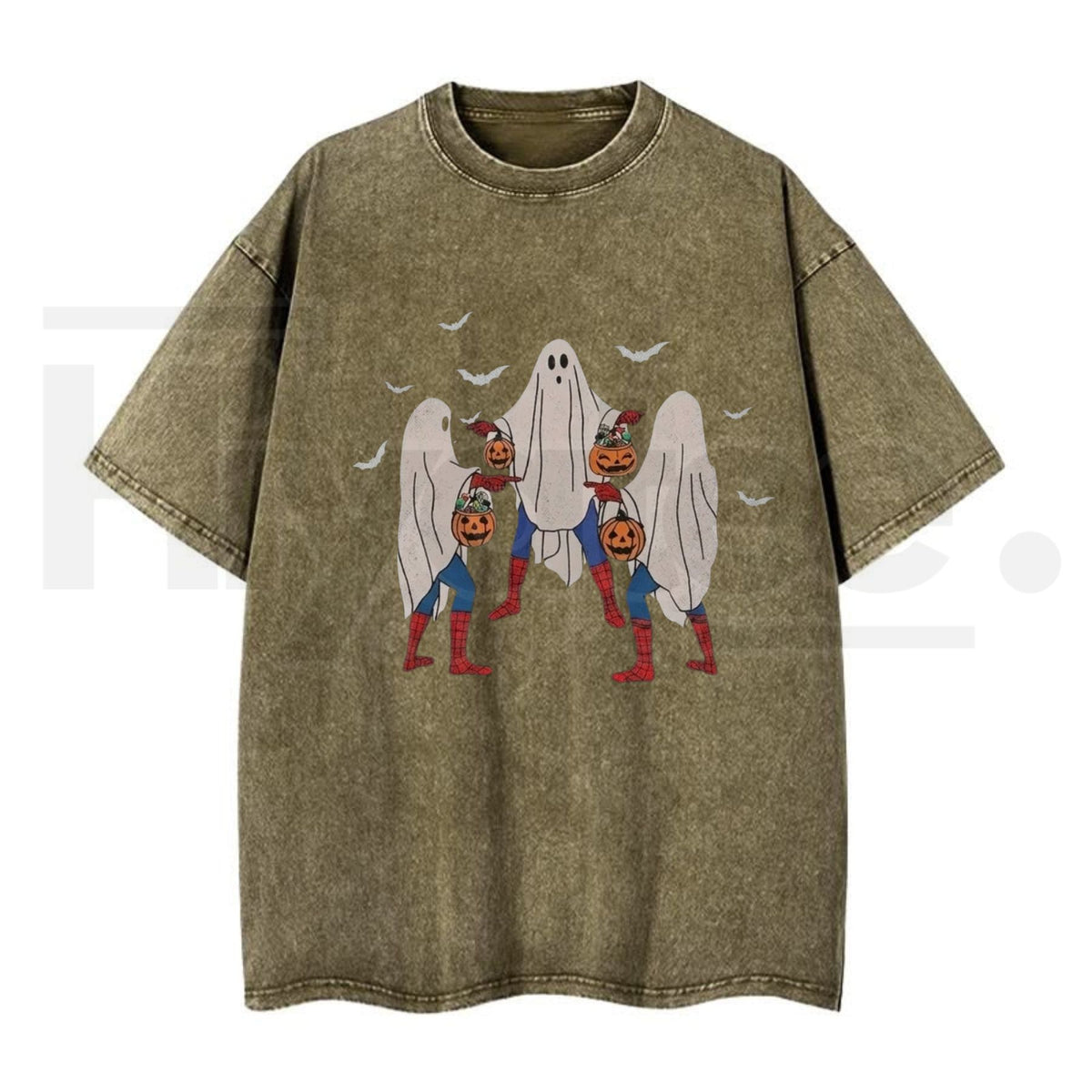 Meme Bedsheet Ghost Pumpkin Bucket Halloween T-Shirt – Vintage Washed Grunge Streetwear Cotton Tee