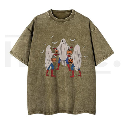 Meme Bedsheet Ghost Pumpkin Bucket Halloween T-Shirt – Vintage Washed Grunge Streetwear Cotton Tee