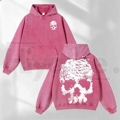 Vintage Washed Skull Print Hoodie – Distressed Skeleton Graphic, Minimal Dark Aesthetic Oversized Sweatshirt
