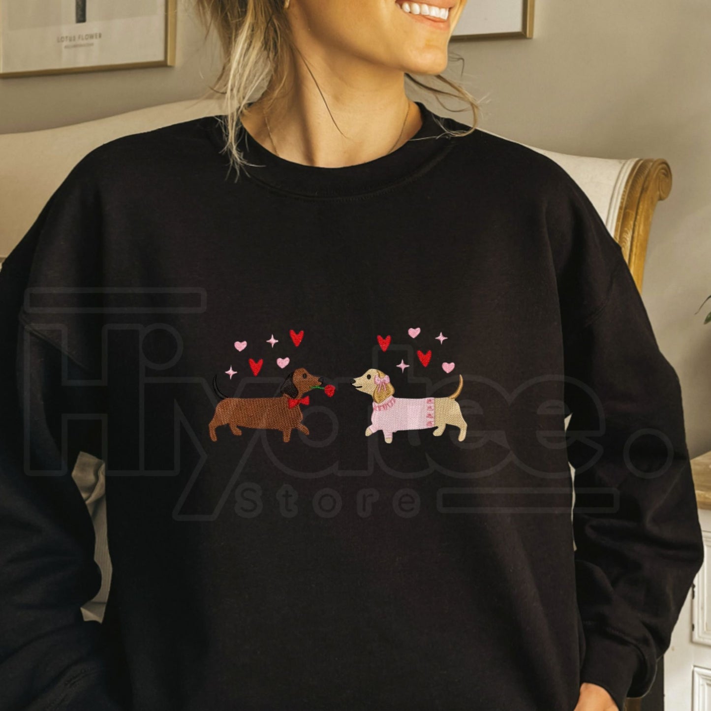 Embroidered Dachshund Valentine’s Day Sweatshirt: Cute Hearts Dog Crewneck