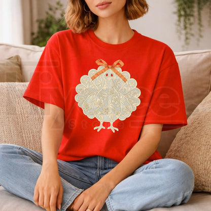 Shelbe's Espresso Lace Turkey Long Sleeve T-Shirt – Elegant Thanksgiving Holiday Graphic Top