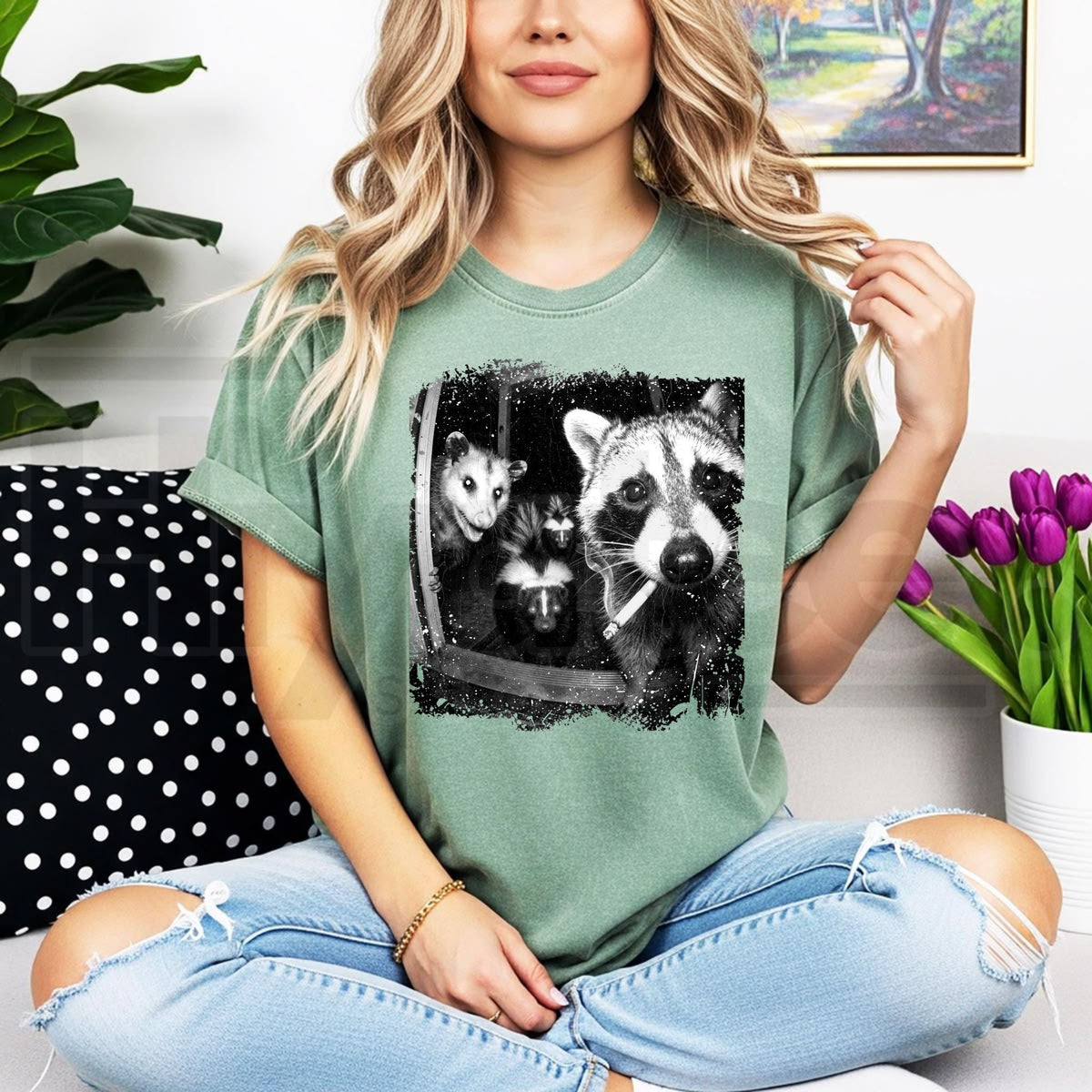 Comfort Colors Trash Panda Night Crew T-Shirt – Funny Raccoon Opossum Skunk Tee