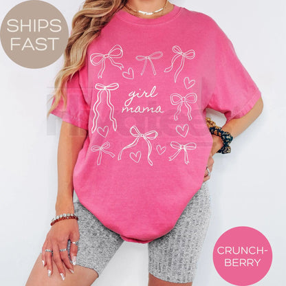 Comfort Colors® Girl Mama Tee Shirt – Coquette Bow Mama T-Shirt, Cute Heart Design Mother’s Day Gift