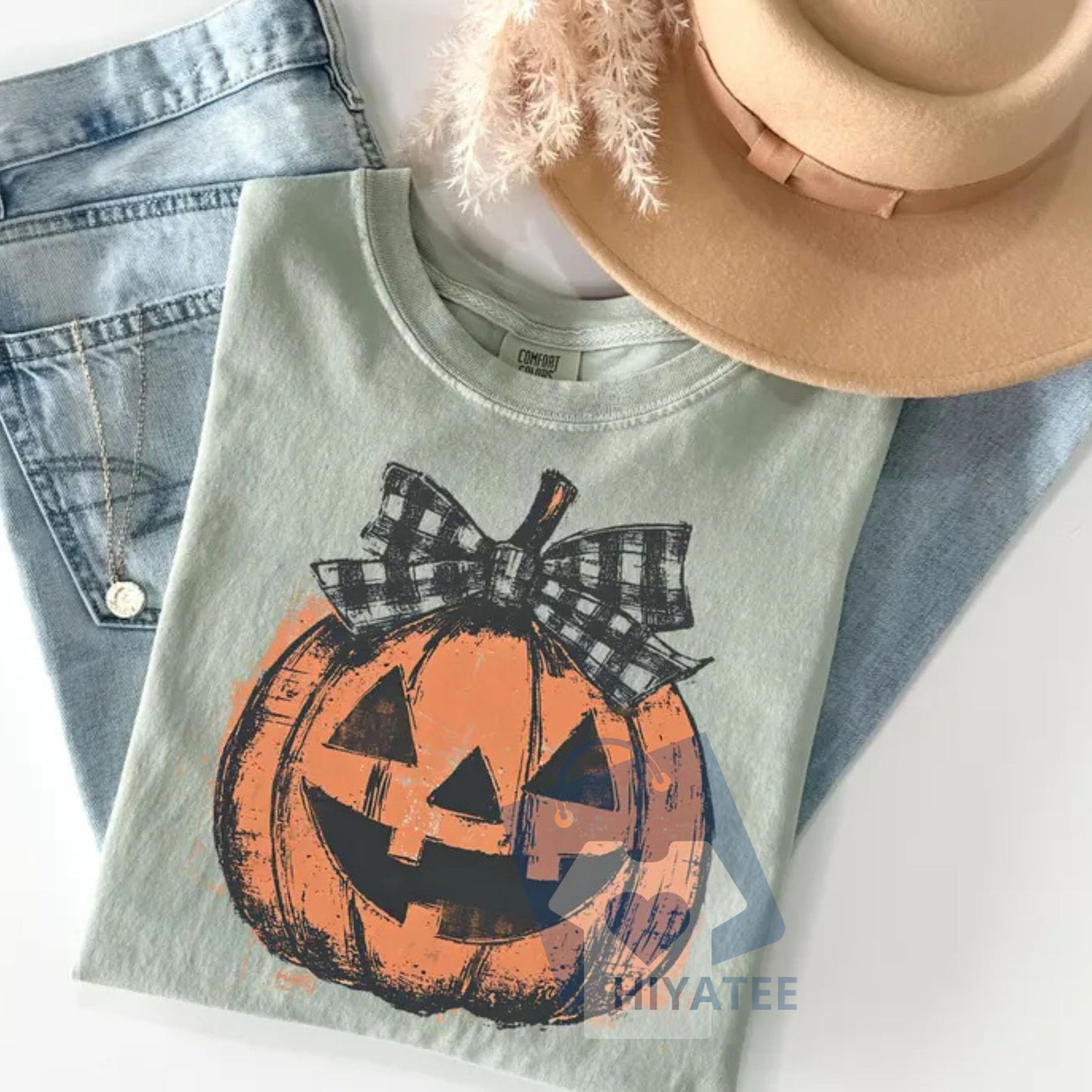 Comfort Colors Preppy Jack o' Lantern Shirt – Coquette Halloween T-Shirt, Women's Pumpkin Bow Tee, Trendy Retro Fall