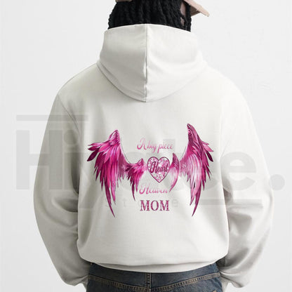 Women’s A Big Piece Of My Heart Lives In Heaven Mom Memorial Back Print Hoodie – Pink Angel Wings Heart Graphic Sweatshirt