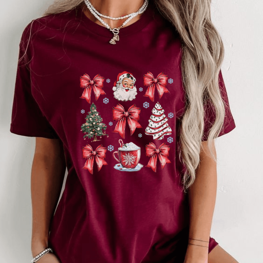 Women's Christmas Themed Print Round Neck Tee, Casual Short Sleeve Crew Neck T-shirt for Summer, Fashion Women's Top for Daily Wear - Hiyatee