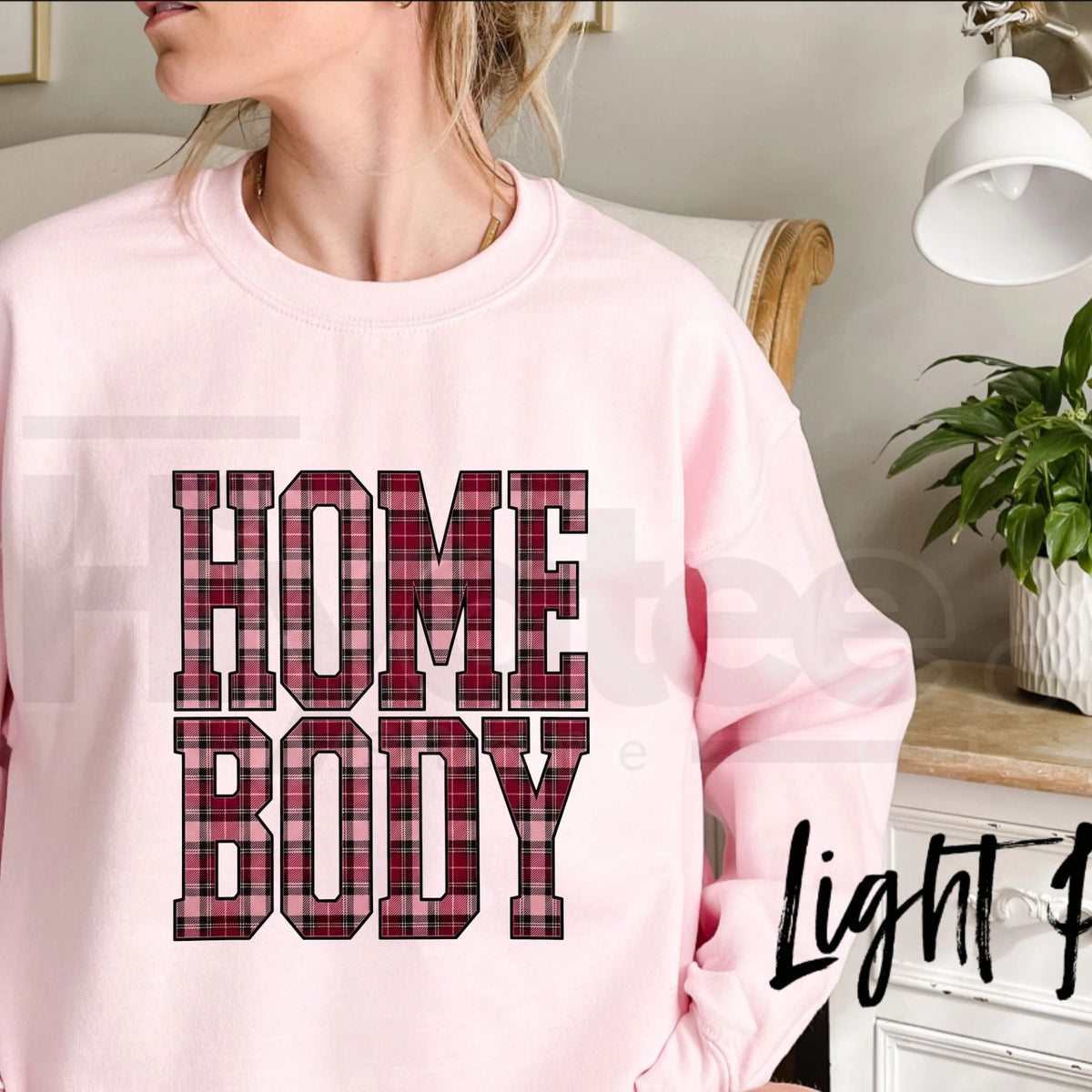 Red Plaid Homebody Graphic Top Sweatshirt – Coziest Autumn Winter Crewneck, Rustic Plaid Lettering Pullover