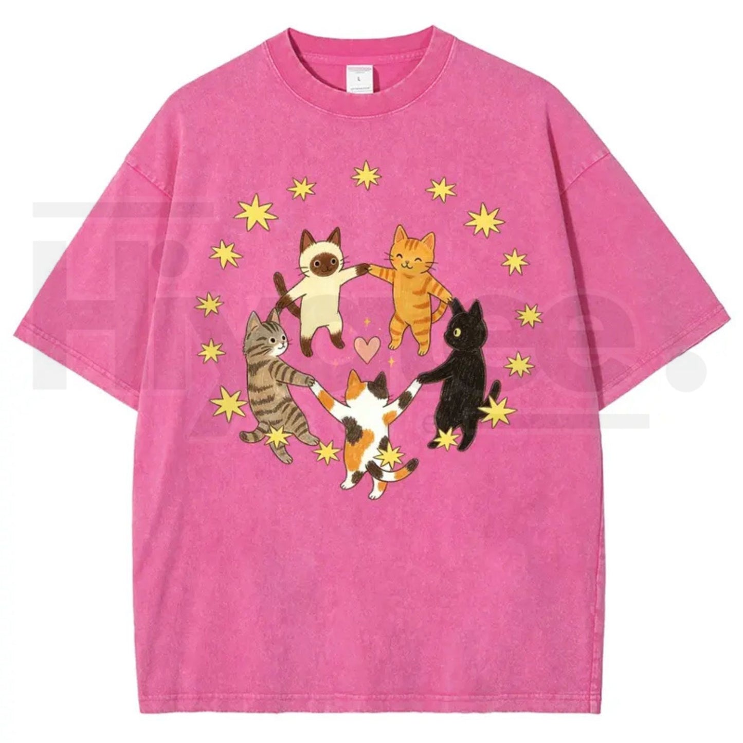 Five Holding Hands Circle Cats Yellow Star Heart Vintage Washed Tee – Y2K Aesthetic Cute Graphic Shirt
