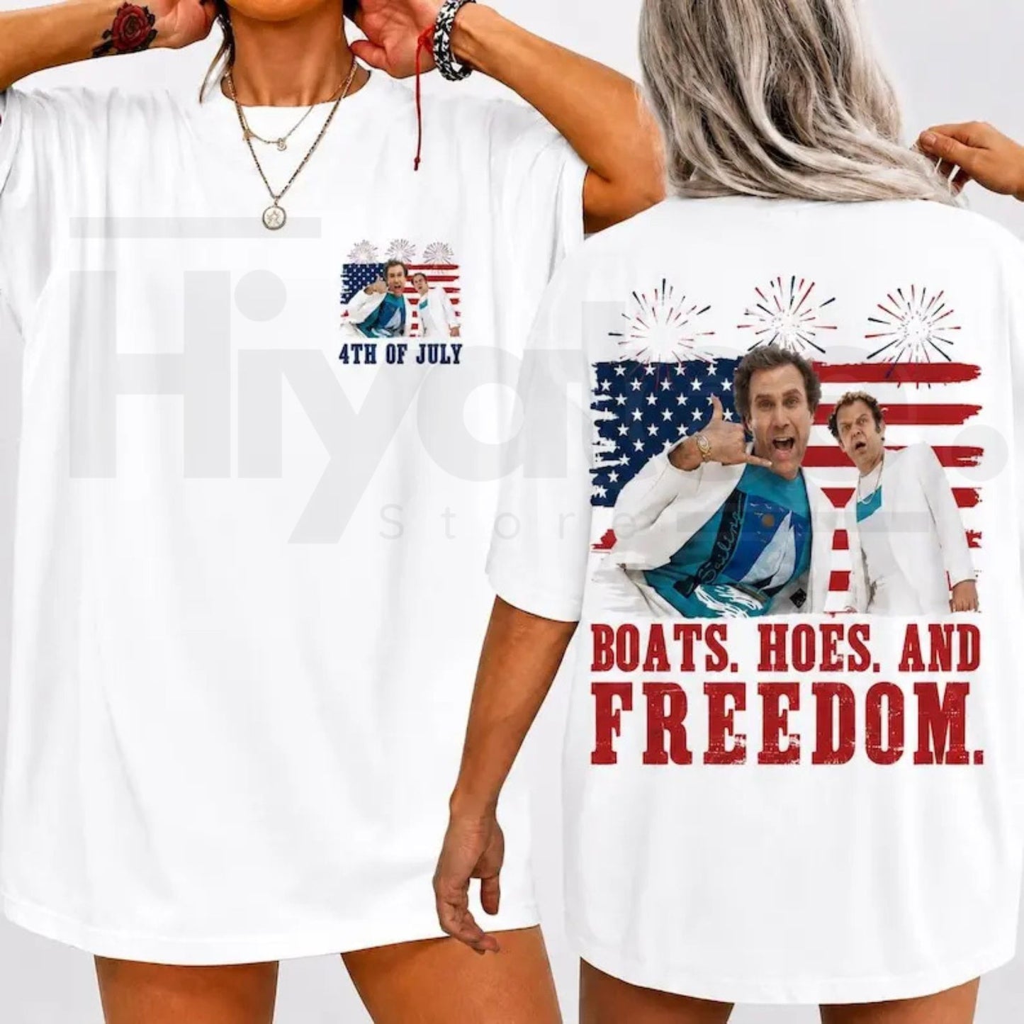 Boats Hoes And Freedom 2-Sides T-Shirt – Prestige Worldwide 4th of July Tee