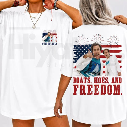 Boats Hoes And Freedom 2-Sides T-Shirt – Prestige Worldwide 4th of July Tee