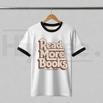 Read More Books Ringer Tee – Retro Book Lover Contrast Collar Shirt, Vintage Literary Aesthetic Unisex Graphic Tee