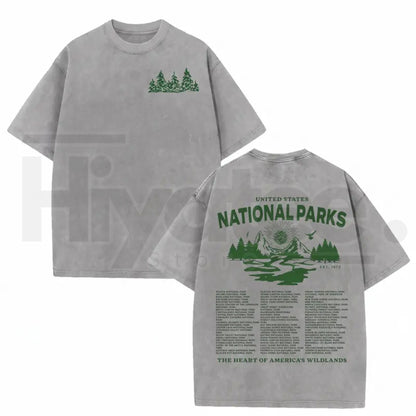 Vintage Wash National Parks Graphic Tee – Retro Nature Acid Washed Heavyweight Streetwear Shirt