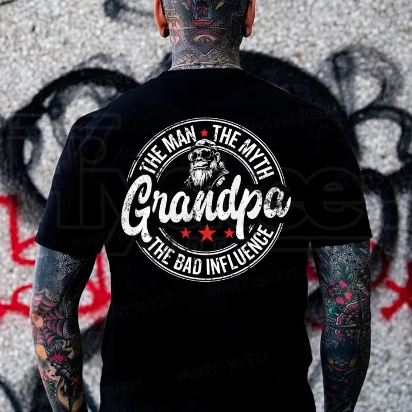 The Man The Myth Grandpa The Bad Influence T-Shirt – Funny Monkey Graphic Tee, Sarcastic Rock Style Shirt