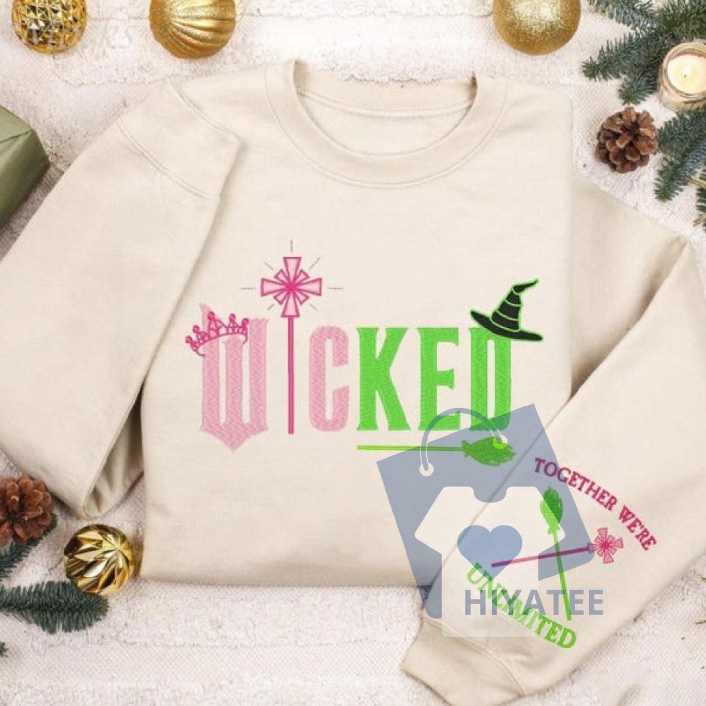 Wicked Embroidery Sweatshirt – “Together We’re Unlimited” Elphaba & Glinda Side Bow Crewneck, Wicked Musical Fan Apparel