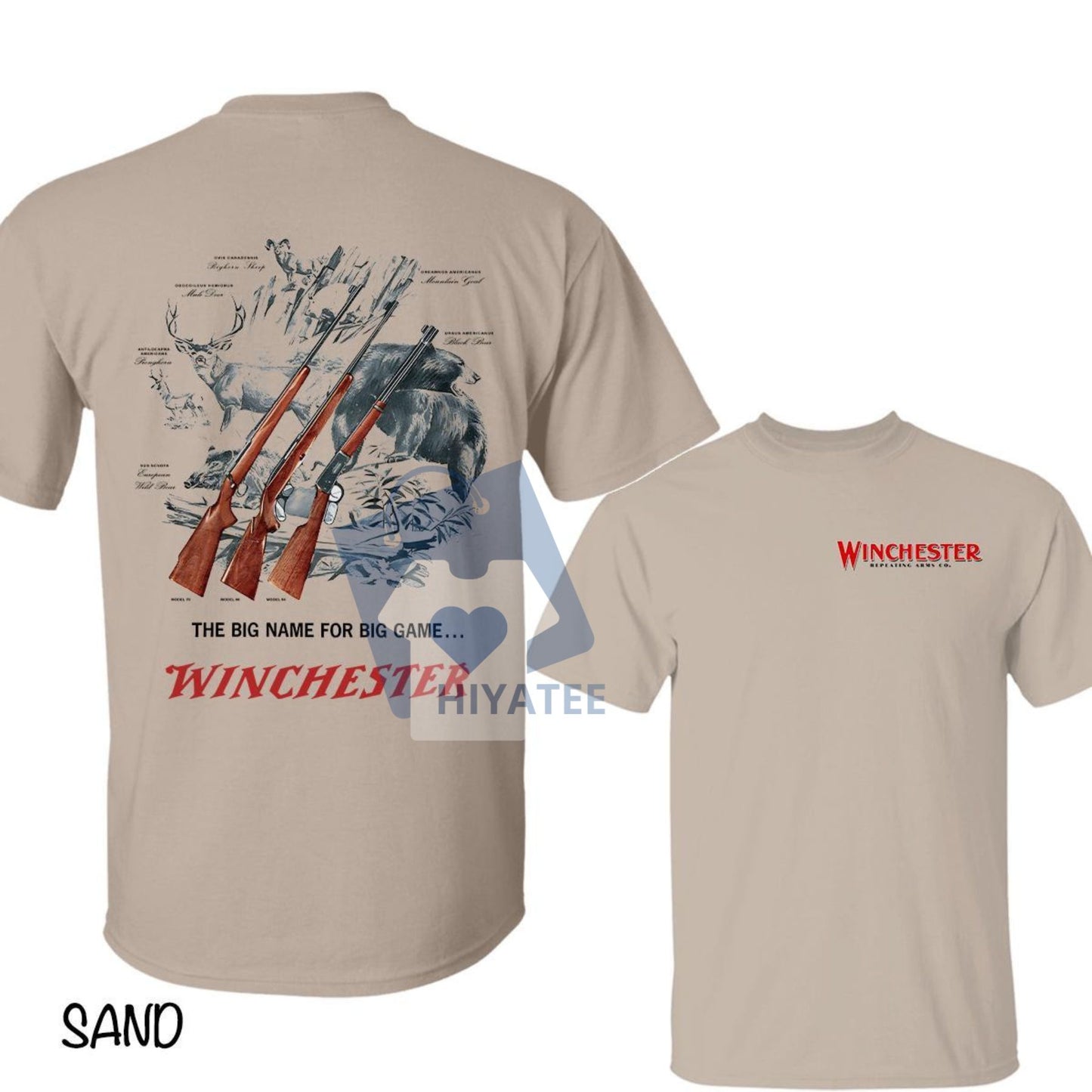 Winchester Big Game Graphic T-Shirt – Vintage Wildlife & Rifle Sketch, Classic Outdoor Tee for Men