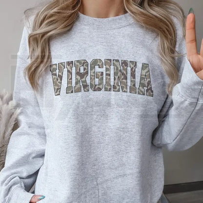 Camo State Sweatshirt – Duck Camo Varsity State Name Crewneck, Vintage College Game Day Pullover