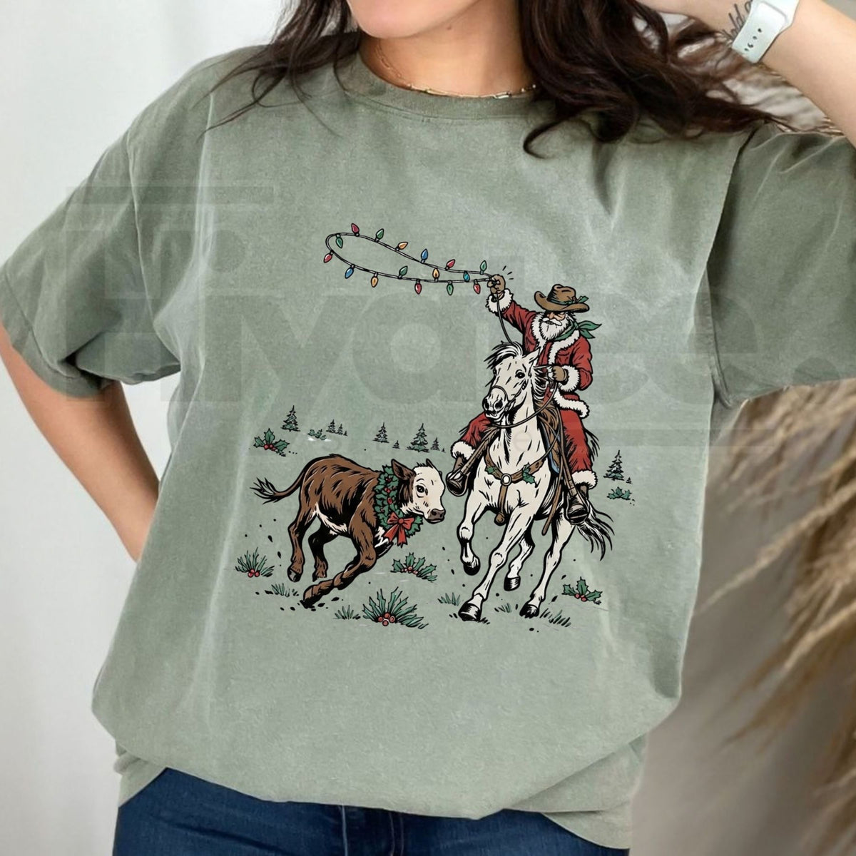 Comfort Colors Cowboy Santa Western Christmas Horseback Tee