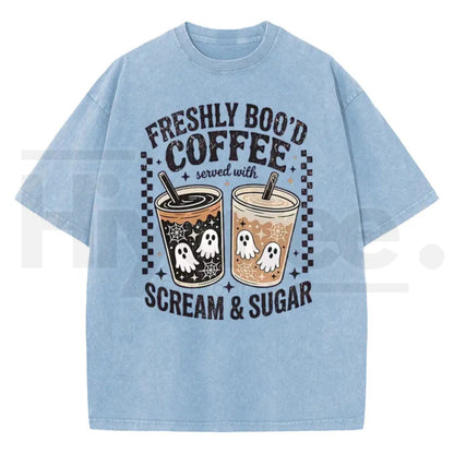 Holafish Funny Scream & Sugar Ghost Coffee T-Shirt – Retro Washed Oversized Fall Graphic Cotton Tee