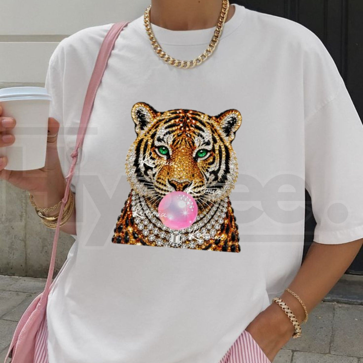 Women's Oversized Chic Crew Neck Glam Tiger Graphic Print Tee