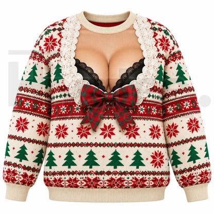 Funny 3D Print Fake Chest Ugly Christmas Sweater – Novelty Holiday Pullover