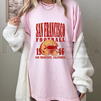 Women's Plus-Size Off-The-Shoulder San Francisco Football 1946 T-Shirt – Vintage Helmet Game Day Top