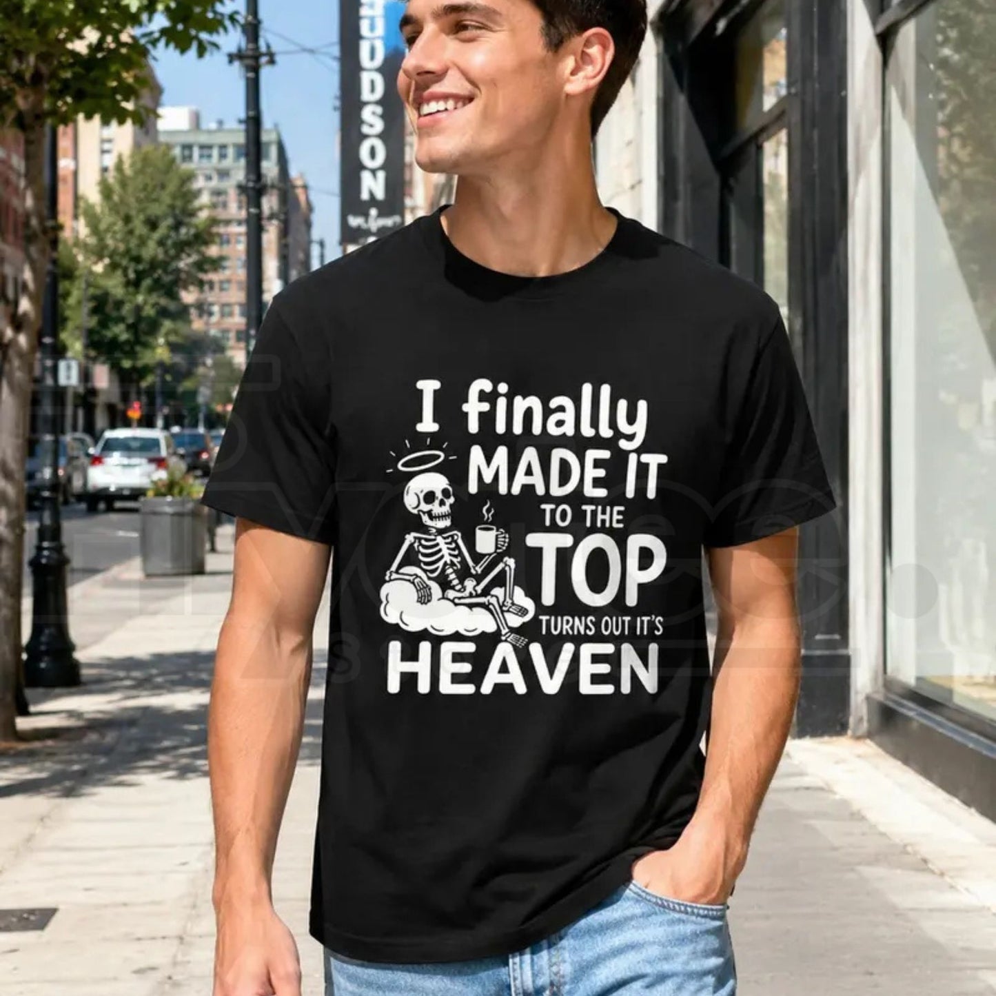 Men’s I Finally Made It To The Top T-Shirt – Skeleton Coffee Graphic Tee