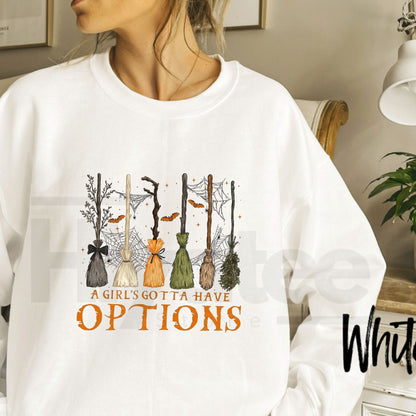 A Girl Gotta Have Options Retro Halloween Y2k Graphic Sweatshirt, Witches Halloween Spooky Season Feeling Witchy Pullover